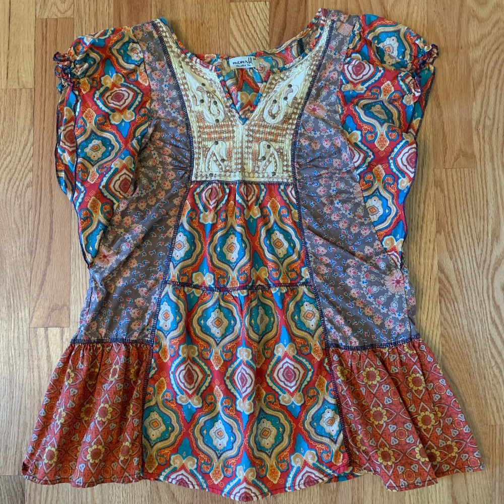 ONE WORLD-Patchwork Bohemian/Hippie Sleeveless Blouse. Size Medium, 100% Cotton